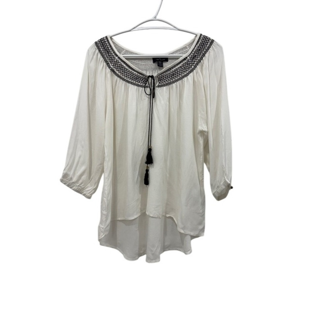 River Island White Boho Peasant Blouse Embroidered Tassel Tie 100% Rayon Size M